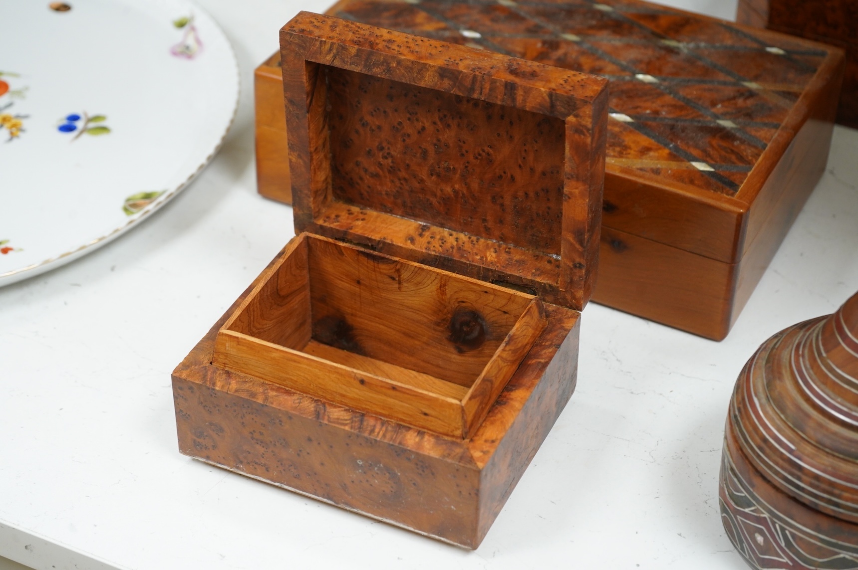 A collection of assorted 20th century yew wood boxes